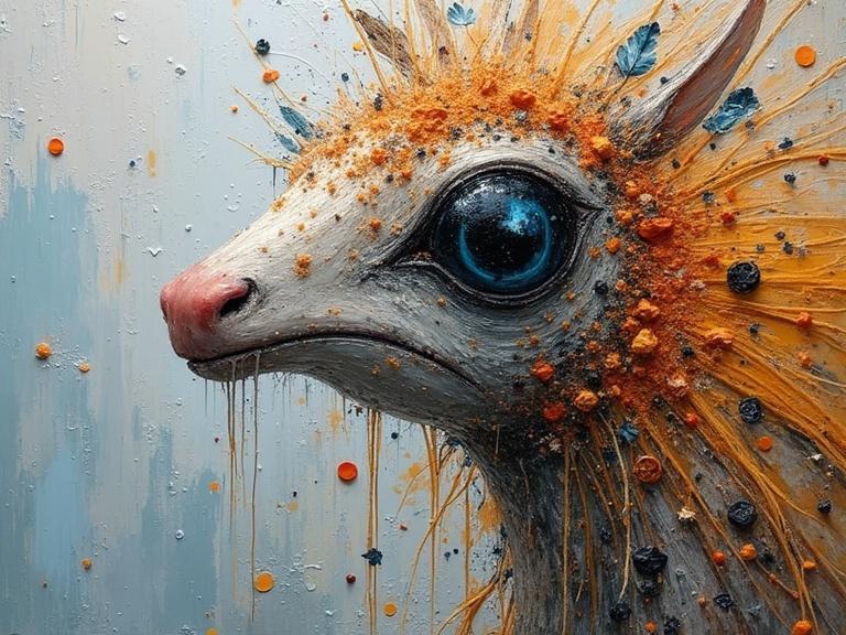 Stylized animal head with vibrant textures and colors. Close-up view depicts mixed media elements like jute and origami. Includes splashes and drips enhancing the artistic effect.