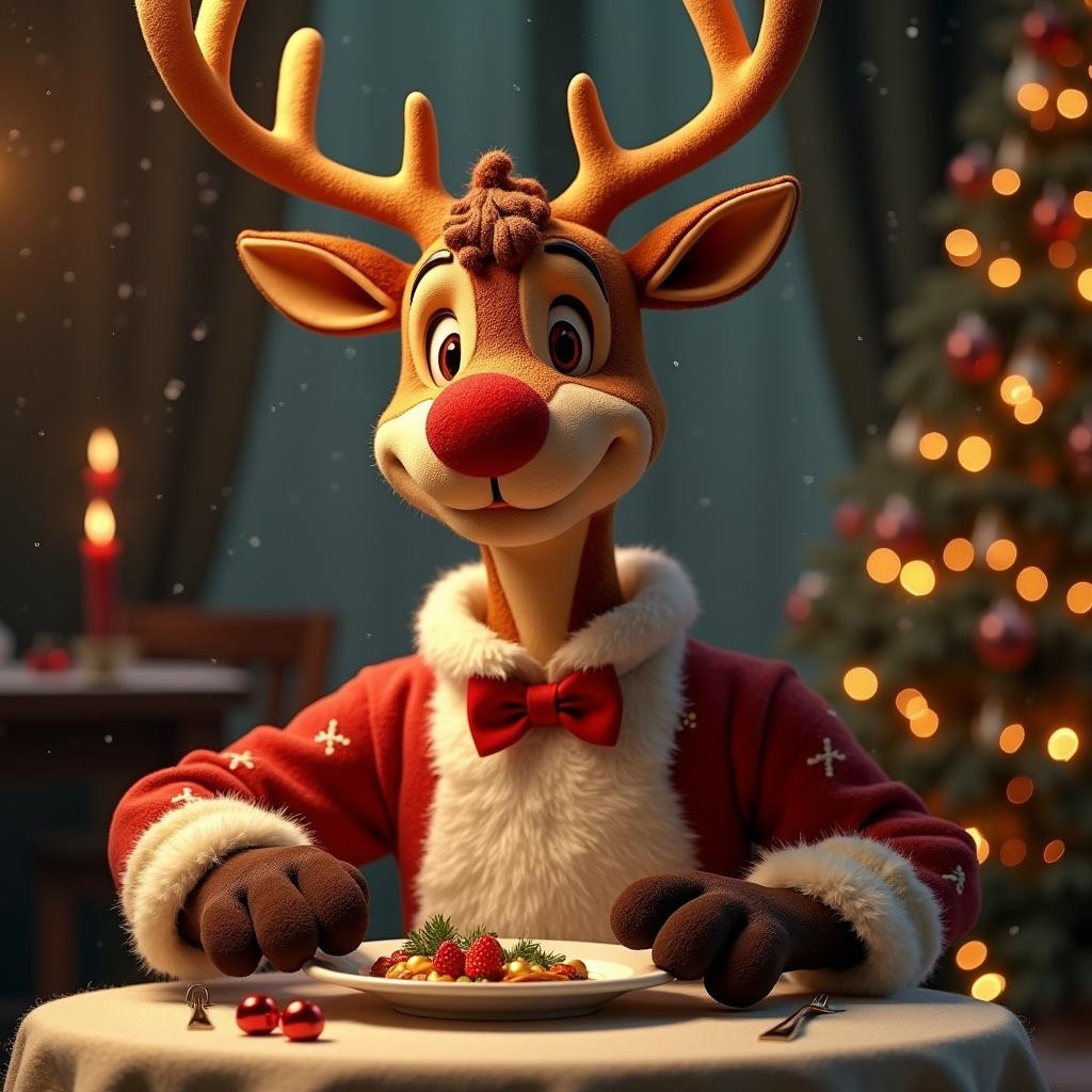 Rudolph dressed as a waiter sits at a table in a winter ball. The scene features festive decorations like a Christmas tree and warm lighting. He wears a red suit with a bow tie. The table is set with a plate of food.