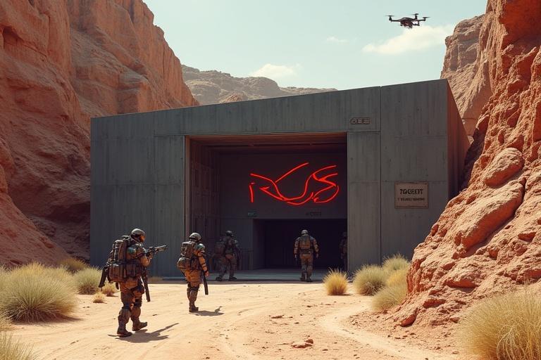 Detailed conceptual illustration of an ultra-secret base hidden in a desert canyon. Natural rock formations provide protection. Main structure is semi-buried, made of angular black concrete, featuring a large illuminated ASUS ROG logo. Massive blackened steel security gate slightly rusted stands at entrance. Sign reads 'TOP SECRET' in worn red paint. Armed soldiers in exoskeletal armor patrol with futuristic weapons while silent surveillance drones hover overhead. Semi-realistic artistic style inspired by Syd Mead and Blade Runner 2049. Warm, desaturated colors dominate with red and ochre reflections. Low angle perspective enhances the monumental scene.