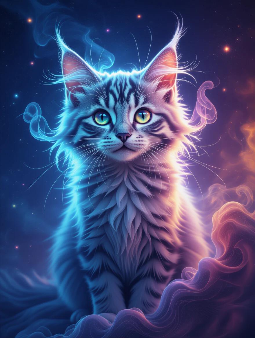 A cat surrounded by galaxies and stars. The cat has a fluffy fur texture and a glowing appearance. Background features nebulas and colorful smoke effects. High detail and vibrant colors.