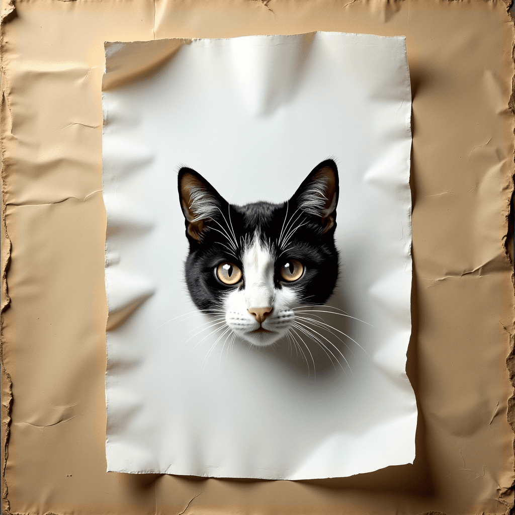 A black and white cat's face emerges from a crumpled paper frame.