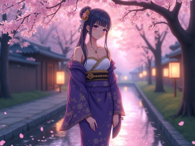 Highly detailed illustration of a woman in a kimono under cherry blossoms along a path at twilight. The scene is tranquil and poetic with fading daylight and moonlight. The woman has long dark violet hair styled elegantly with flowers. She wears a rich purple kimono with golden patterns, a white inner layer, and a golden obi. A peaceful stream flows beside the path reflecting lanterns and petals. The background features cherry trees and stone paving, capturing a Kyoto spring evening.