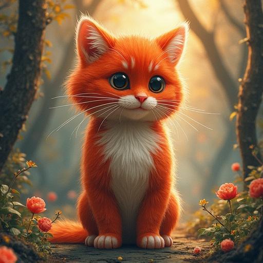 A cute orange kitten sitting among flowers, with large expressive eyes. Soft and warm lighting enhances the whimsical feel. The background is a dreamy forest scene.