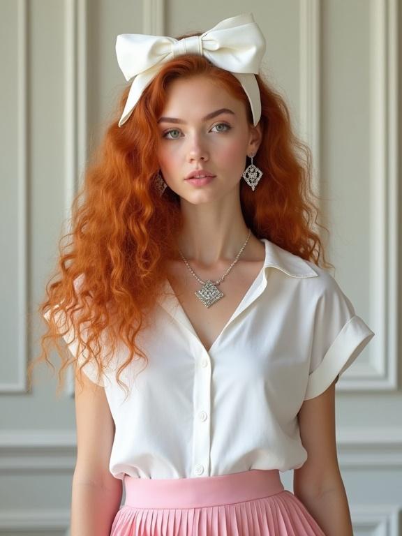 Portrait photograph of young woman with curly ginger hair. Satin bow in hair. Standing against light interior wall. Wearing white button-up shirt. Pink pleated skirt styled. Accessorized with diamond earrings. Necklace visible. Natural lighting emphasizes features. Centered composition with shallow depth of field. Subject has direct gaze and confident expression.