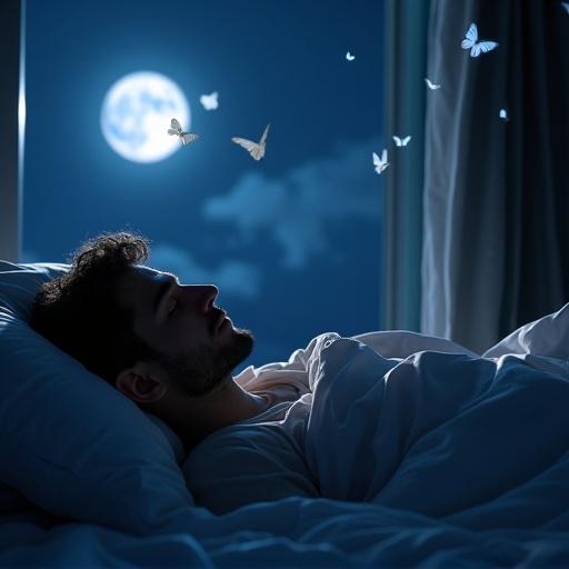 Man lying in bed at night with moonlight shining through. Person gazing at girlfriend's picture. Butterflies flying around creating a dreamy scene.