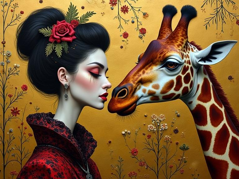 Intricate artwork featuring a femme fatale with striking makeup. She interacts closely with her pet giraffe. 3D multi-layered design elements inspired by Klimt's style. Encaustic mixed media techniques displayed.