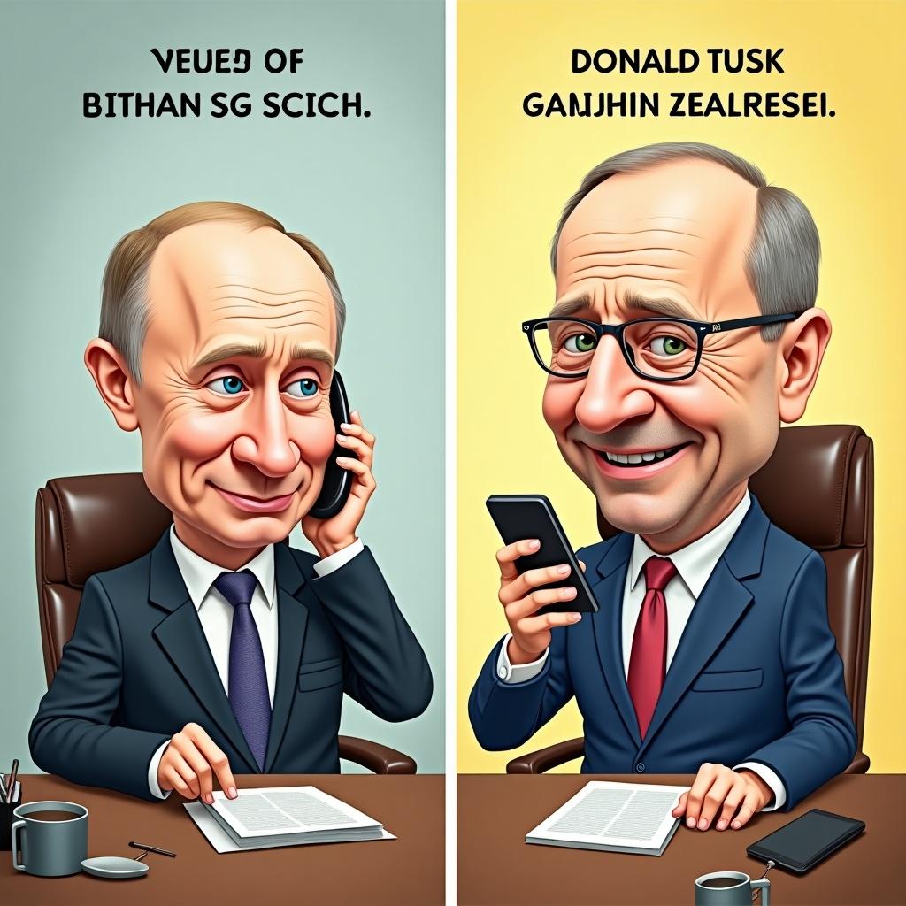 The artwork features two separate scenes with two prominent figures in a playful and exaggerated style. In scene 1, Olaf Scholz is sitting in his office, calling Vladimir Putin in Moscow. In scene 2, Donald Tusk is sitting behind his desk in Warsaw, calling Zelenski on his smartphone. The two figures are depicted as caricatures with whimsical expressions. This cartoonish portrayal suggests themes of power dynamics and humor in politics. The artwork invites viewers to reflect on the relationships between these influential personalities.