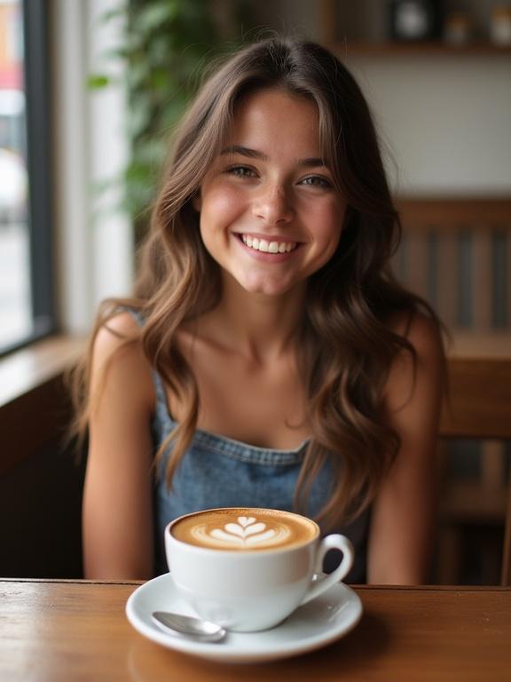 A girl sits at a café table with a cappuccino. The café has a warm and inviting atmosphere. The focus is on the cappuccino and the table setting. Natural light creates a serene mood. The view is from above.