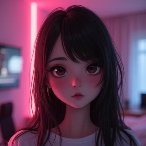 A realistic selfie featuring a cute petite brunette with a round face. The background is a slightly dark pink and white gaming bedroom. The image has a slight blur effect typical of selfie photos.