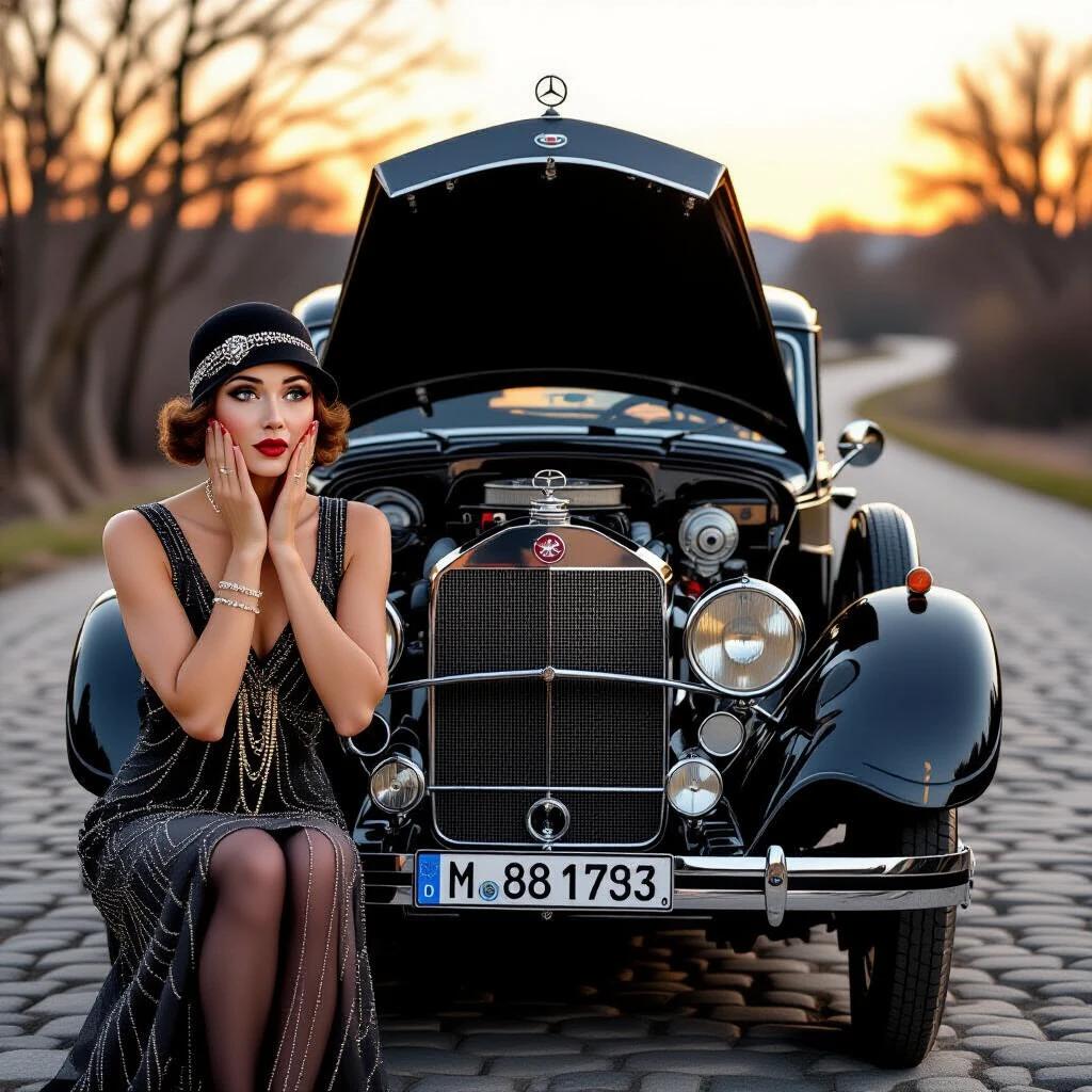 A vintage car scene with an Art Deco socialite pressed palms to cheeks staring bewildered at a 1928 Mercedes-Benz engine. The hood is raised revealing the engine. The setting is a cobblestone road during golden hour. Background includes a Citroen B12 in bokeh. The socialite wears a cloche hat and beaded dress. Jewelry reflects light. An opera glasses hangs around the neck. There is a spilled beaded purse with lipstick and a compact mirror on the ground. An unopened toolbox is nearby. The socialite looks confused as if pondering whether to poke the engine with her hatpin.