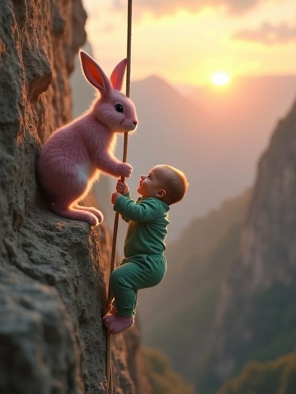 A surreal scene shows a baby in a green romper climbing a rope on a rocky cliff. A human-sized rabbit with pink and white fur assists the baby. The background features a sunset over dramatic mountains creating a magical atmosphere. High detail hyper-realistic style conveys adventure and playfulness.