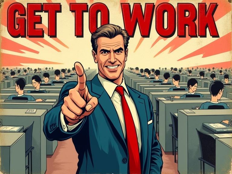 Stylized propaganda poster illustration in 1950s style. Smug wealthy boss in sharp suit and red tie points at viewer like Uncle Sam. Cartoonish face with slick hair and shiny shoes. Background of identical gray cubicles with overworked office workers. Cubicles form geometric lines fading into background. Bold text 'GET TO WORK' at top, smaller text 'There's wealthy people counting on you' at bottom. Color scheme with distressed reds, off-whites, muted blues. Vintage look with yellowed poster and inked textures. Red rays behind boss enhance focus and intensity.