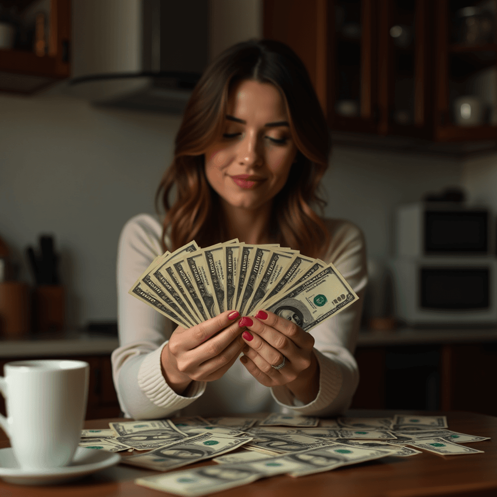 A woman sits at a table holding a fan of dollar bills, with more money scattered around.