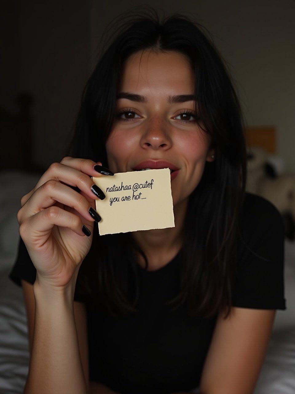 A young woman with black hair sits in a dimly lit bedroom. She wears a black t-shirt and holds a piece of paper with the words 'natashaa_cutef you are hot...' written on it. Her nails are polished black. She has a playful half-smile and a teasing look in her eyes. The warm light creates a comforting atmosphere in a dark room.