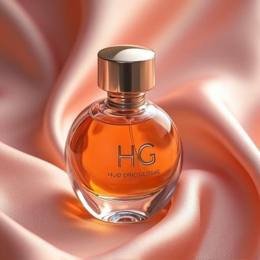 A poster featuring a perfume bottle with HG letters on it placed on silk fabric. The top text states 'Hippo Glow Moisturizer'. The bottom text reads, 'You too can be moist as a Hippo in a muddy river'. The image conveys brightness and cheerfulness.