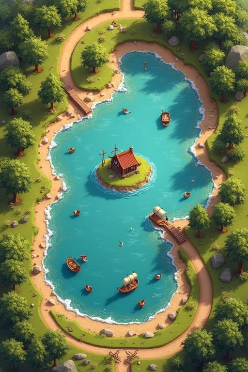 A decorative treasure pirate's map with a lake and an island. Features six points of interest including forests and roads. Contains birds and a cart. Emphasizes a playful theme.