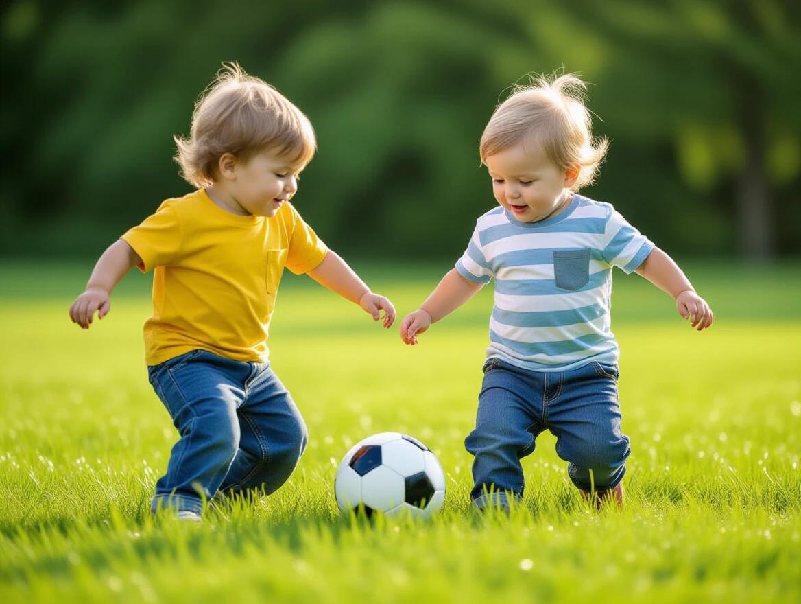 Two toddlers playing soccer on a grass field