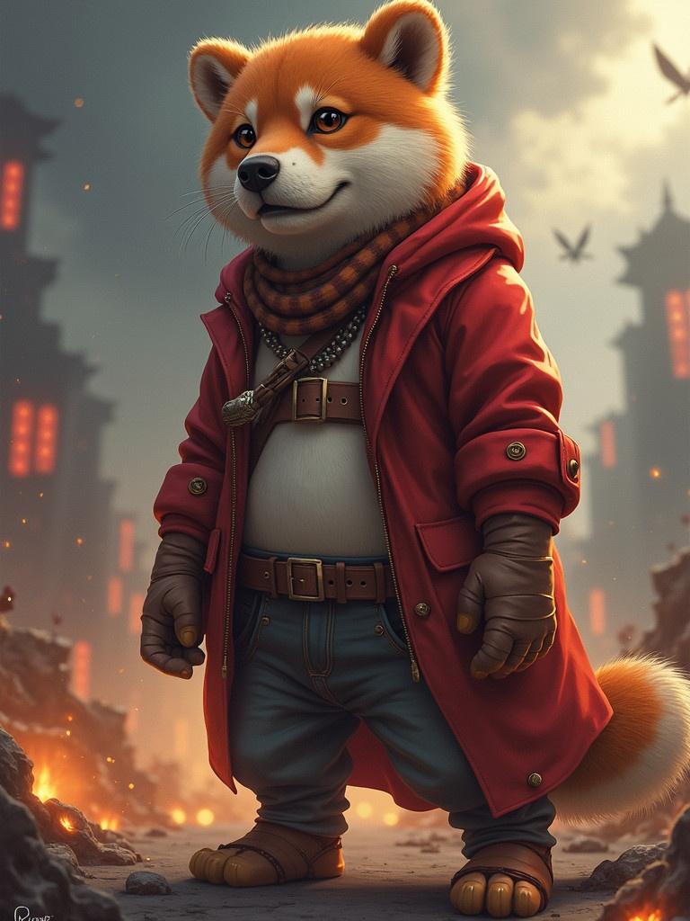 A cartoonish anthropomorphic fox stands confidently. The fox has a cheerful expression. Wearing a red coat with brown accents. Paired with a scarf and gloves. The background is a fiery cityscape. The atmosphere is adventurous and dramatic.