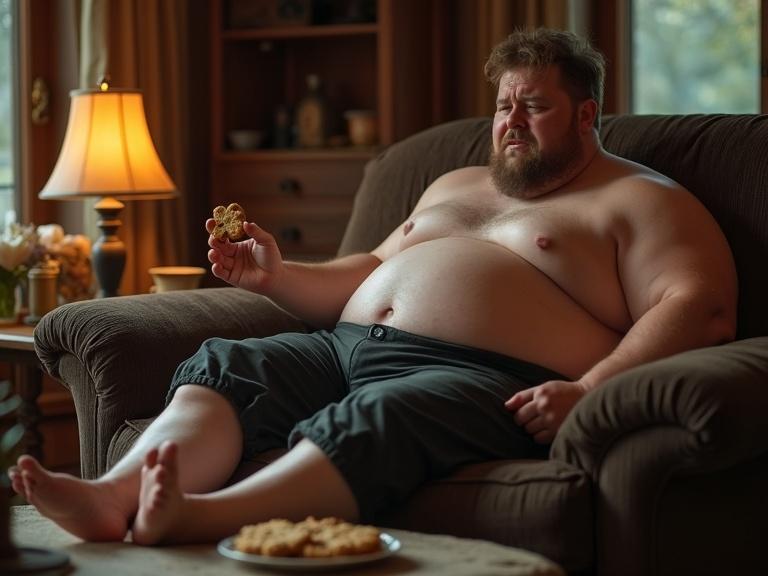 A young man sits barefoot on a sofa. He is holding a half-eaten gingerbread cookie. He looks down at his expanding belly. The living room has a rustic style, and the lighting is moody. The scene reflects a moment of reflection about body image and health.