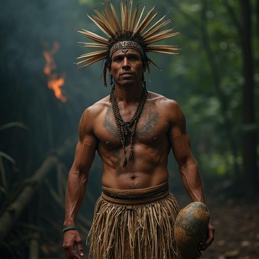 A male Maya dancer in natural fiber loincloth and handmade belt. His torso has ash and sacred lines. He holds a conch shell. He wears a headdress of dry leaves and maguey cord. He stands solemnly in dim firelight amid smoke and jungle.