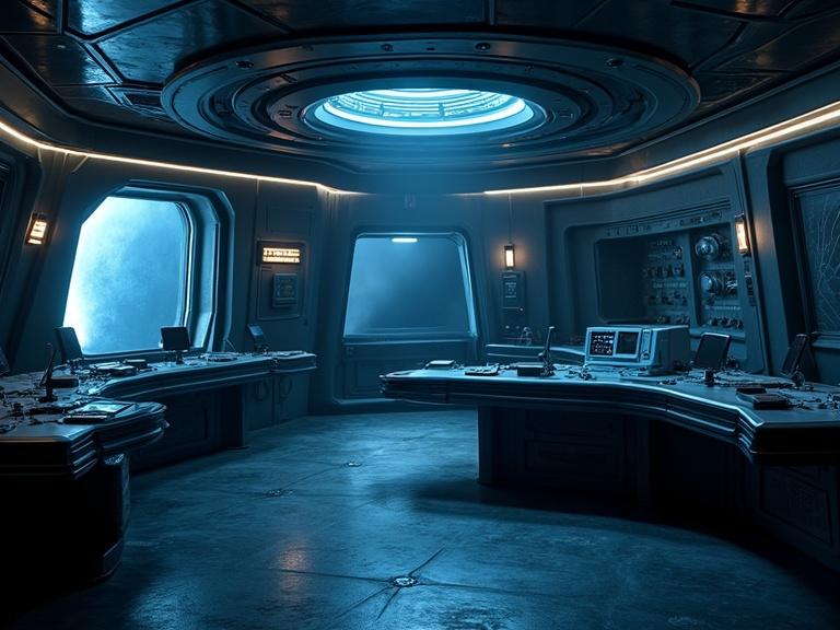 Dark atmospheric sci-fi scene. Sleek bridge of a star cruiser with greyish blue tones. Show details and textures. Include shadows and reflective surfaces. High resolution image.