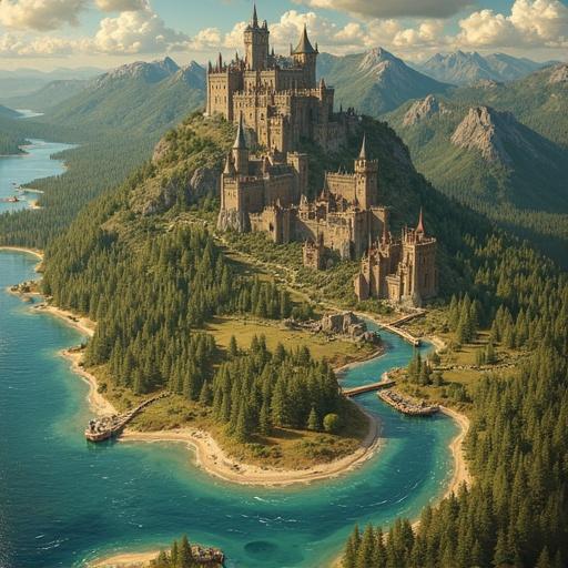 A detailed fantasy map of a duchy. Castles are present. Forests are abundant. Rivers flow through the landscape. Mountains rise in the distance. Vintage cartography style is used.