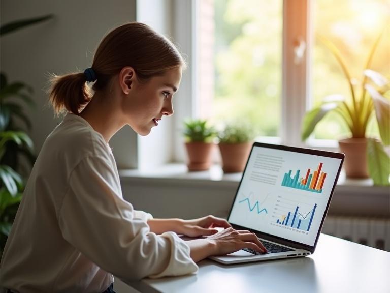A young entrepreneur works in a bright minimalist workspace. She focuses on her laptop screen displaying Google Analytics. Charts show rising trends and content optimization. Sunlight streams through the window, symbolizing growth and clarity.