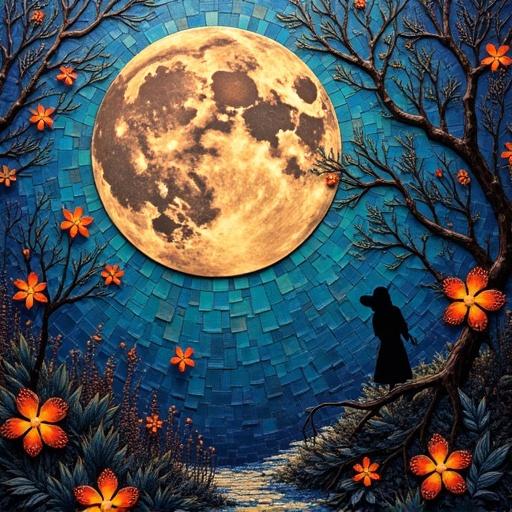 A multi-layered 3D iridescent ceramic tile and glass mosaic art featuring a large full moon. Moon casts light over a dark scene. Silhouette of a figure standing among vibrant flowers and trees. Rich textures with a touch of mystery.