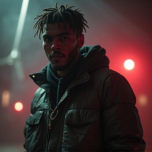Gritty Hip Hop album cover featuring a male subject in a dark jacket with a striking expression against a foggy, neon-lit background.