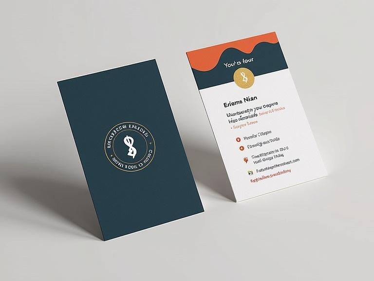 Business card design in standard size featuring logo and contact details. Professional appearance with sleek color palette. The card is displayed from an angled perspective showcasing front and back.