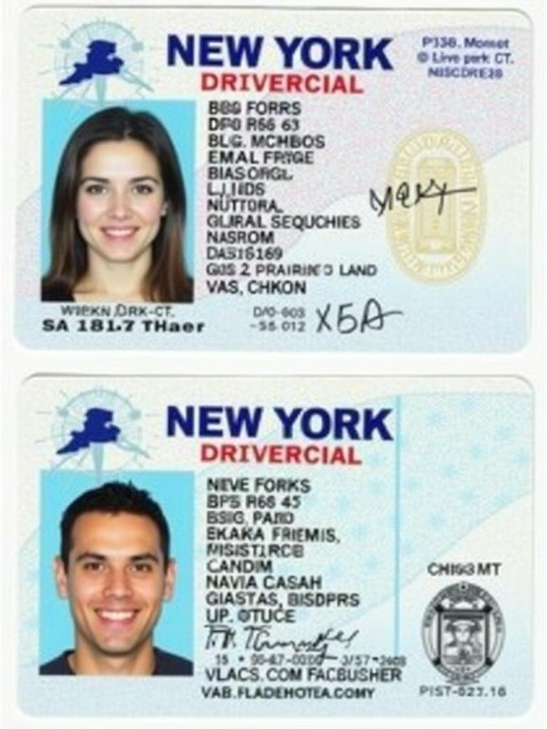 The image showcases the front side of a New York driver license. It displays personal information such as name and birth date. The card features official design elements and an identification photo.