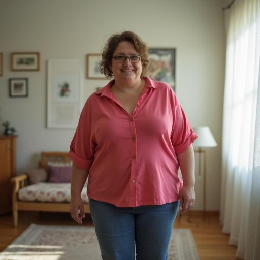 A woman wearing a rose-colored shirt stands in a cozy room with soft lighting. She displays a friendly demeanor in a relaxed environment.
