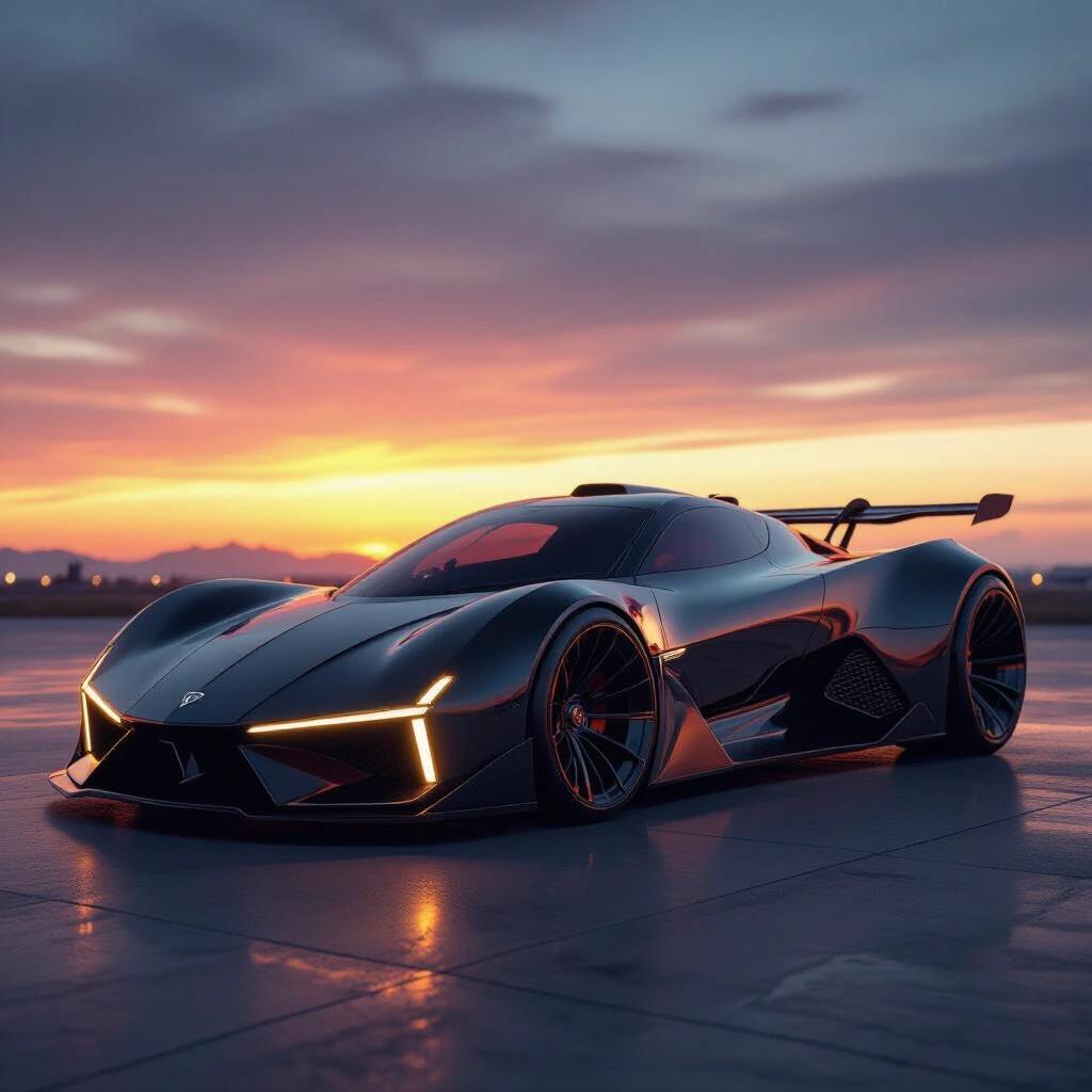 Parked angular dragster concept car with futuristic design. Dark sunset in the background. Deep grooves on the car surface. Inspired by Lamborghini and Bugatti design aesthetics.