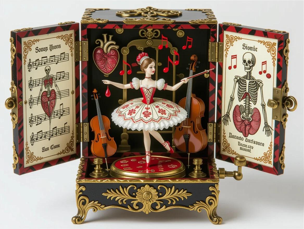 Vintage music box features an anatomically correct heart instead of a ballerina. Tiny legs support the dancing heart. Miniature organs play various musical instruments. Blood drops form musical notes in the air. Gold filigree combines with medical illustrations. The style blends Leonardo da Vinci's anatomical drawings with Tim Burton's whimsical darkness. Intricate mechanical details are present throughout.