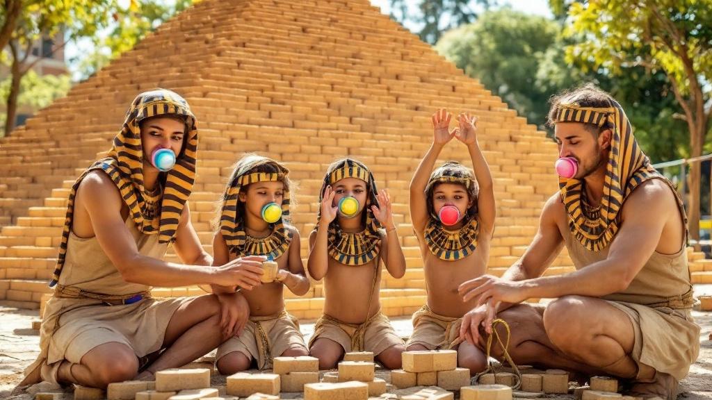 Children play in colorful Egyptian costumes at playground. They enthusiastically build giant pyramid with small bricks. Scene captured in sunlight. Oversized pacifiers in mouths. Hands tied with rope for fun. Adults act as supervisors. Adults pretend to whip children with belt.