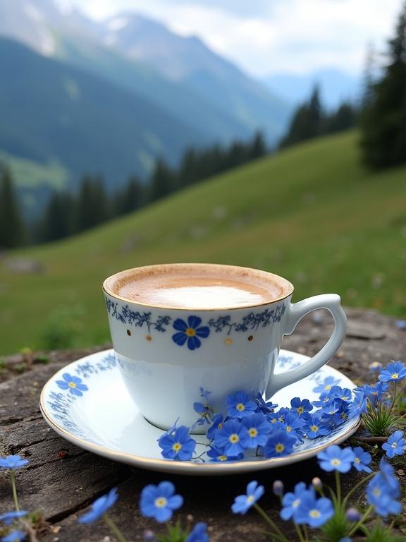 A white ceramic teacup with a floral pattern holds a light brown beverage with foam that says Good Morning. The cup is on a matching saucer on a weathered wooden surface. Surrounding it are vibrant blue forget-me-not flowers. The backdrop showcases a serene mountain landscape.