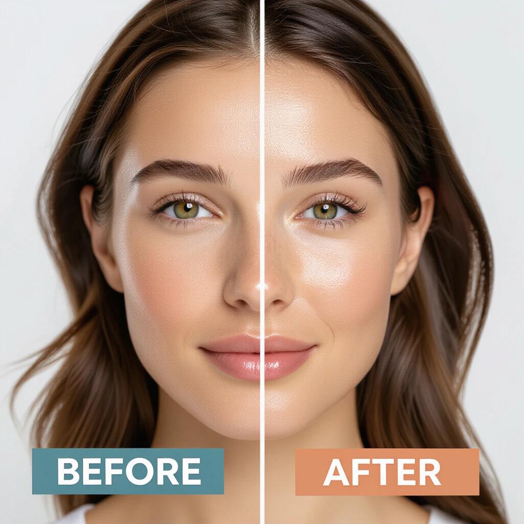 High-quality image presents a close-up of a woman's face divided into two halves. Left side labeled 'Before' reveals dull uneven skin texture. Right side labeled 'After' showcases glowing smooth skin. Image focuses on skin quality improvement.