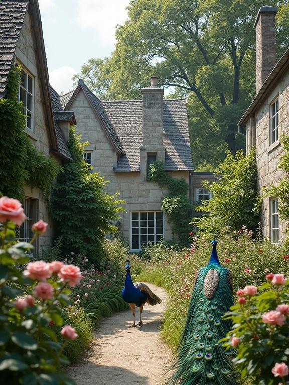 An attractive view of two peacocks in a beautiful village. The peacocks are the focal point with vibrant plumage. The peacock in the foreground has tail feathers spread, showcasing colors in deep blues, greens, and golds. The second peacock is further back with a subdued tail. They walk on a dirt path surrounded by greenery and colorful flowers. Pink roses and other blooms contrast with the dense foliage. The path is flanked by quaint stone cottages with gabled roofs and ivy, giving a rustic charm. The background features tall, leafy trees.
