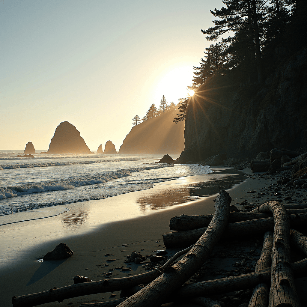 The sun sets behind tall cliffs and rocky formations by the ocean, casting a warm glow on driftwood scattered along the sandy beach.