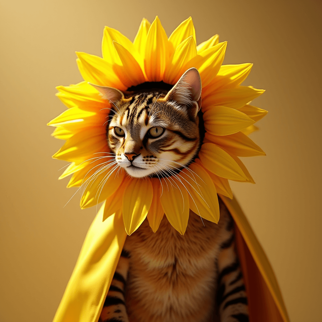 A cat with its head adorned by a large sunflower, appearing as if wearing it like a collar or crown.