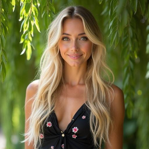 Portrait of a woman with long blonde hair styled casually. She wears a black dress with pink flowers. Background features lush green leaves creating a canopy. Natural bright lighting enhances her skin and features. Calm and peaceful ambiance.