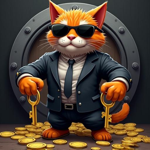 Cartoon illustration of a muscular gangster cat with dark shades. The cat is standing confidently, holding bank vault keys. Background features gold and silver coins. Humor and meme culture elements incorporated.