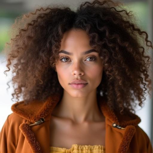 Beautiful young woman with voluminous brown curly hair. She looks intently at the viewer. Wearing a rust-colored jacket with a furry collar. Delicate off-the-shoulder yellow top. Background is softly blurred with hints of green and white.