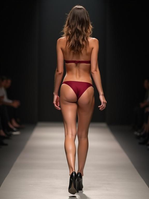 Rear view image of a gorgeous slim female Russian model with a nice smile. Model has dark tan and light brown hair. She is 23 years old. Wearing a modern high cut dark red thong bikini. Model walking on a catwalk. Wearing black high heels.