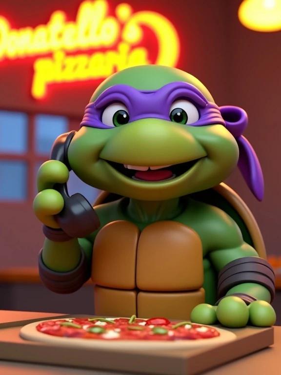 3D cartoon character of Donatello's ninja turtle. Donatello wears a purple bandana. The character is cheerful happy and excited while answering the phone. Text says 'faça seu pedido' on the phone. Background shows neon orange and yellow colors with 'Donatello's pizzaria'. The scene features many pizza boxes nearby.