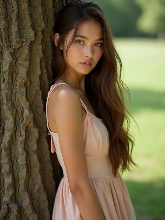 Stylish realistic photo of young woman with soft face long straight brown hair striking green eyes leaning against big tree wearing tight summer dress confident positive vibe natural lighting full body shot taken from afar