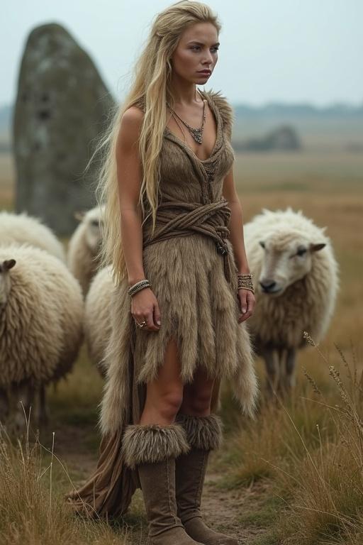 Attractive young woman with long blonde hair. Beautiful bright blue eyes. Wearing primitive wolf fur dress and boots. Herding sheep near a neolithic village. Behind her, there is a dolmen.