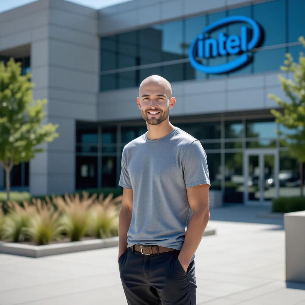 A skinny man stands outside of Intel Corporation. The man has blond hair and is dressed in casual clothing. The background features a modern office building with an Intel logo visible in bright daylight. The photo captures a professional business atmosphere.