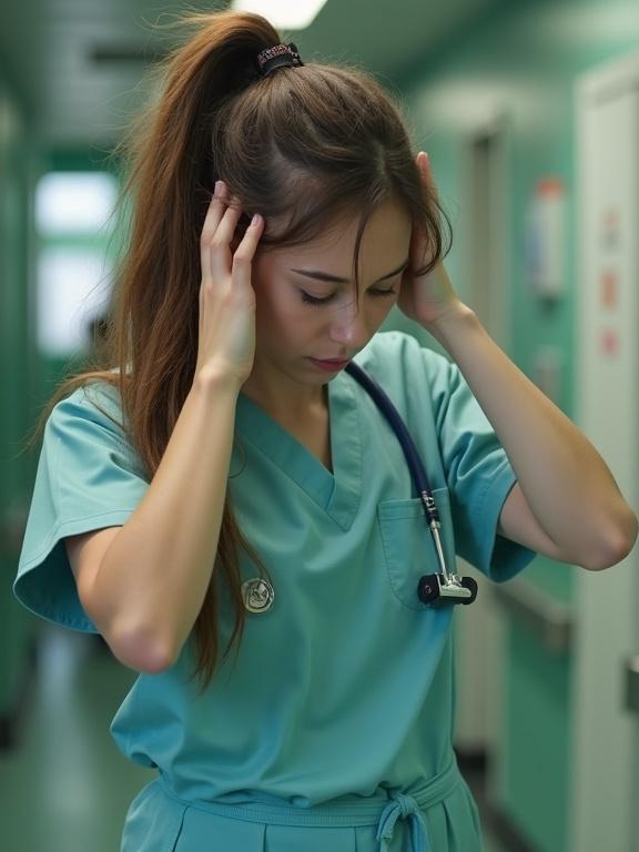 A young nurse in teal scrubs displays her exhaustion. She stands in a hospital corridor, a stethoscope hangs around her neck. A ponytail adds to her youthful appearance. Her hands are in her hair showing distraction and fatigue. Crocs slippers complete her look.