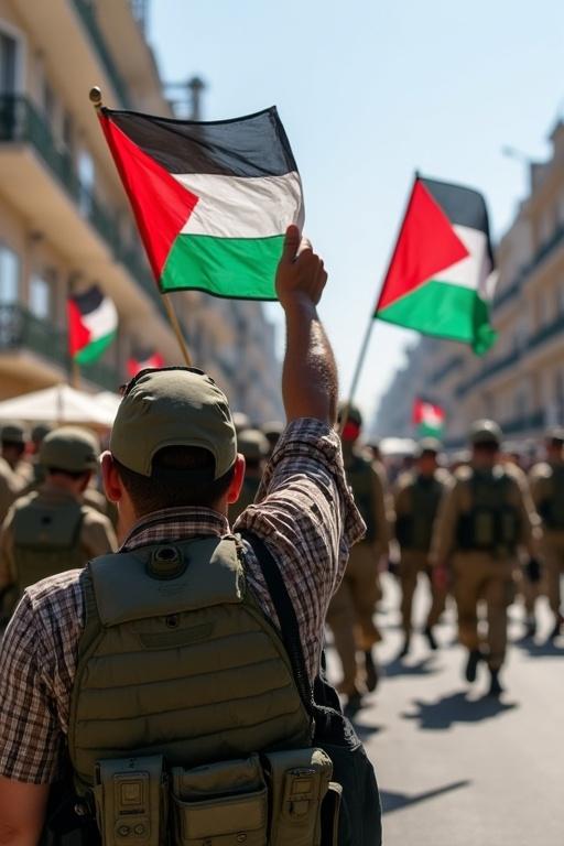 Image depicts a crowd of people holding Palestinian flags during a rally. The focus is on an individual with a backpack and a raised flag. A large group of soldiers is in the background in uniform marching.